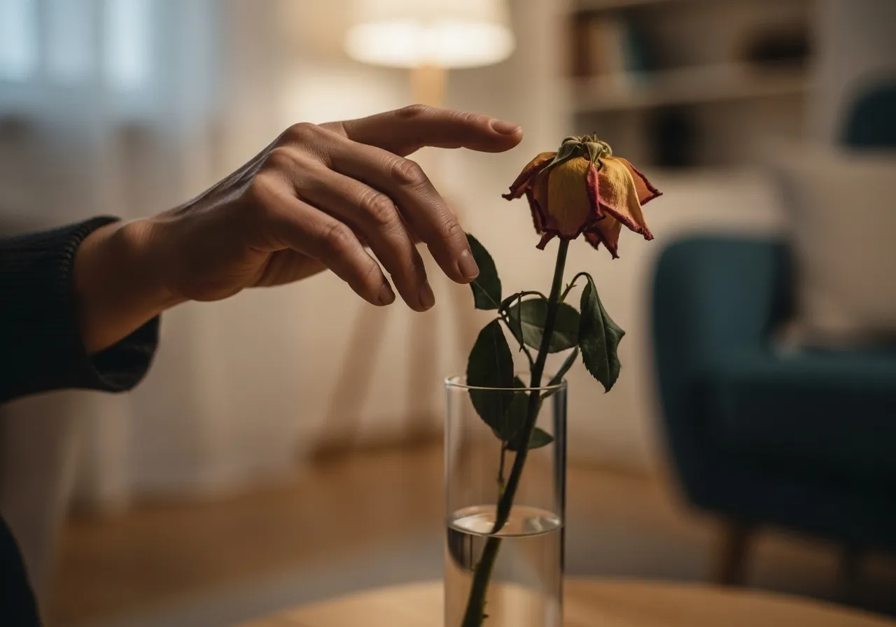 Hand reaching for wilting flower, metaphor for reaching out despite emotional neglect and the silent treatment.