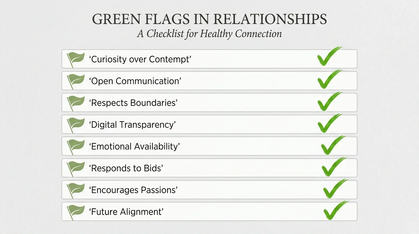 A checklist infographic listing the 8 green flags for senior dating mentioned in the article.