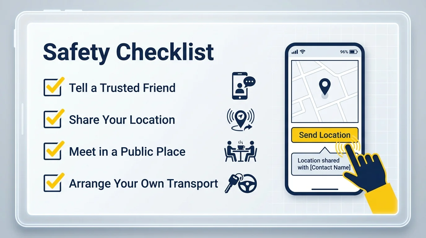 A checklist infographic with items like 'Meet in a Public Place' and 'Tell a Friend,' outlining safety steps for a first date.