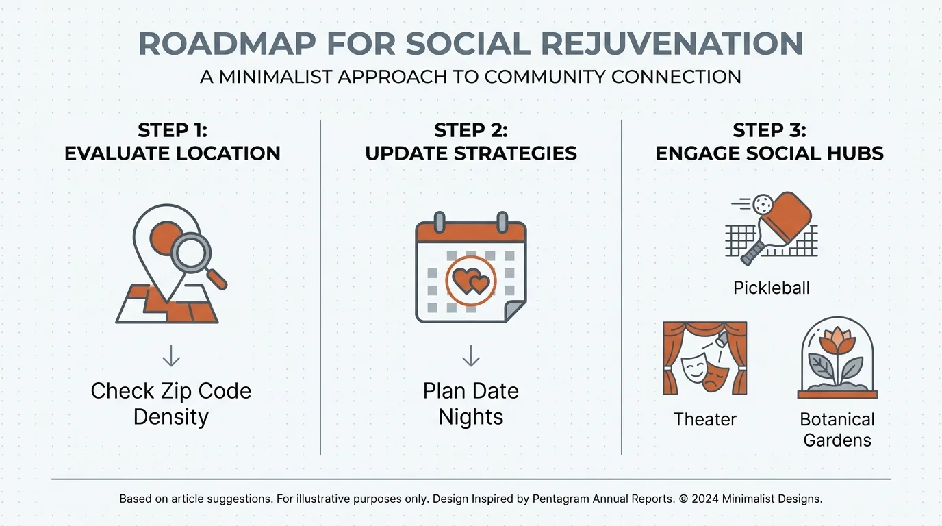 A clean, three-step checklist infographic for seniors starting their dating journey, including location evaluation and social engagement.