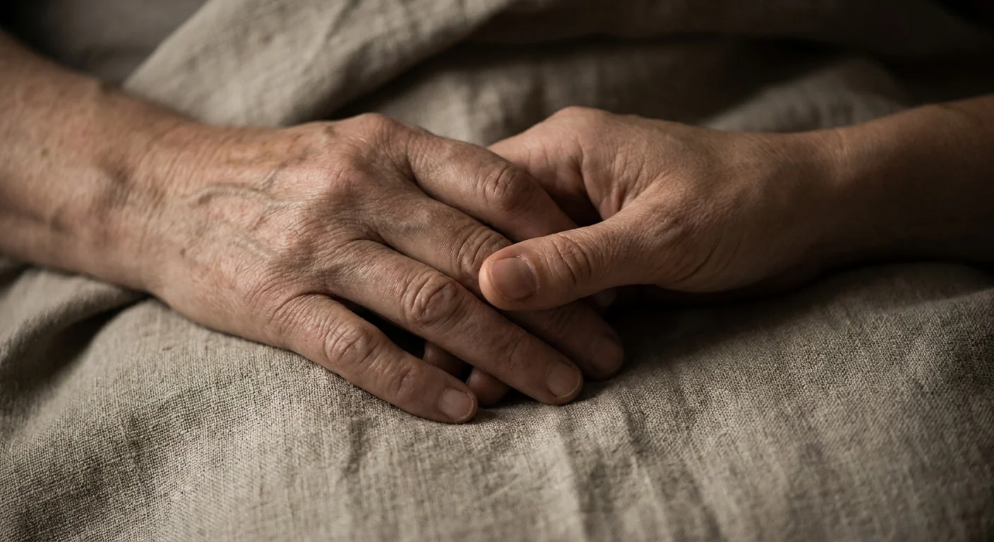 A close-up, macro shot of two weathered hands resting together on a soft linen blanket.