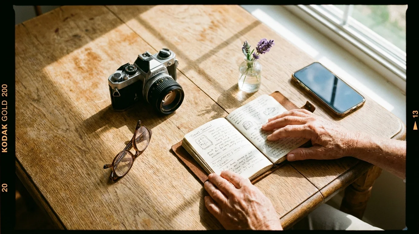 A close-up of a person's hands arranging personal items like a camera and journal on a wooden table, suggesting the creation of an honest da