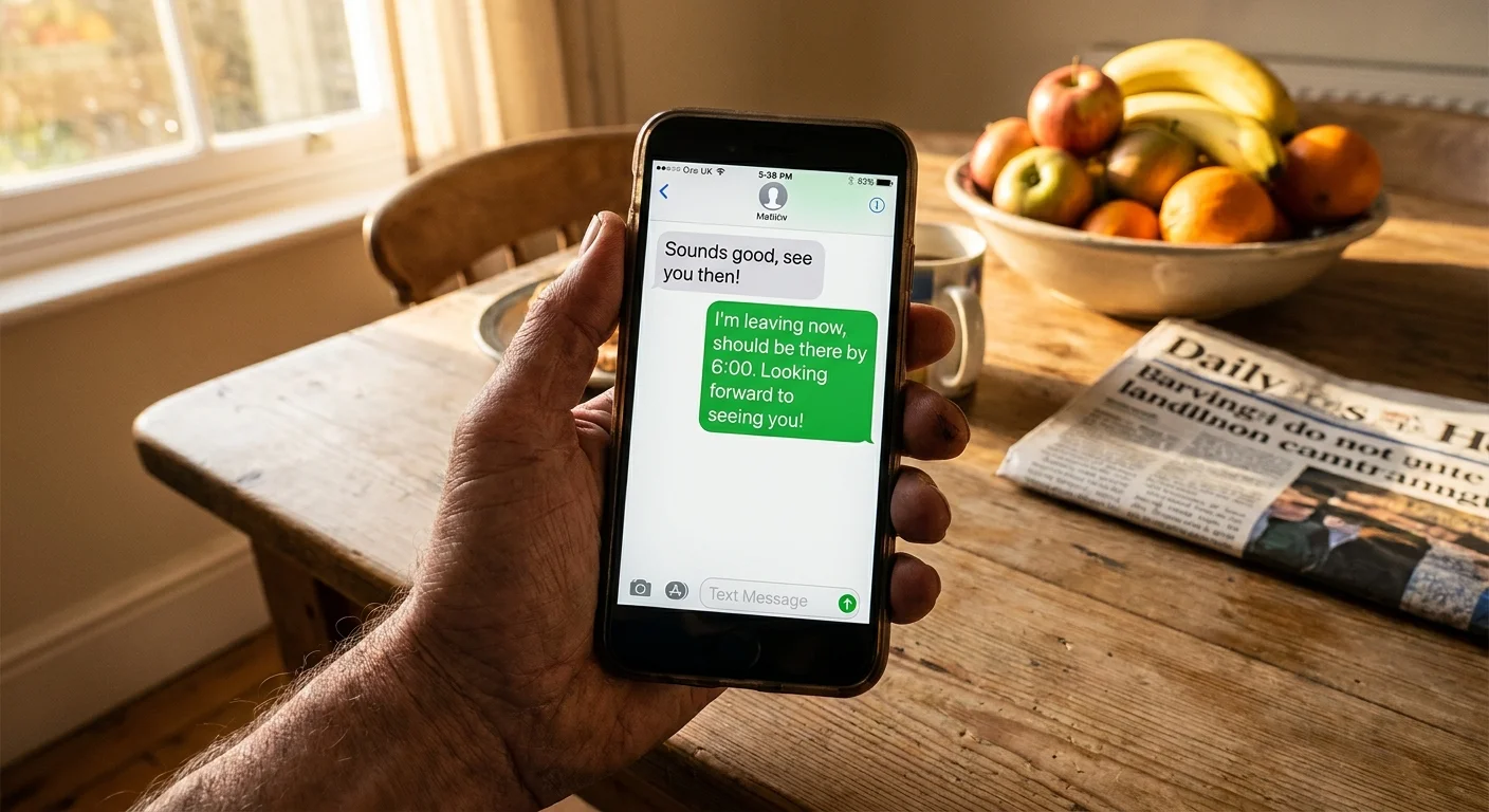 A close-up of a smartphone screen showing a reassuring text message about being on time for a date.