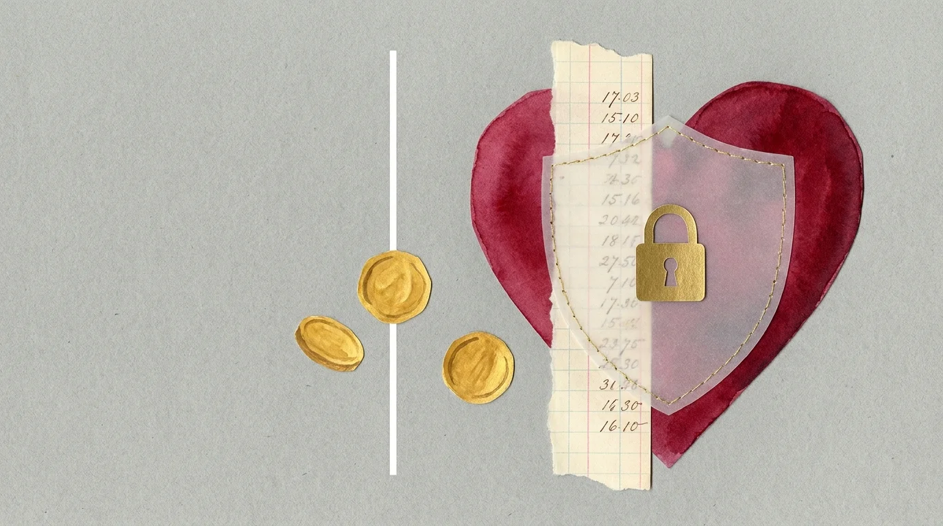 A collage featuring a heart protected by a shield and a padlock, symbolizing emotional and financial security in dating.