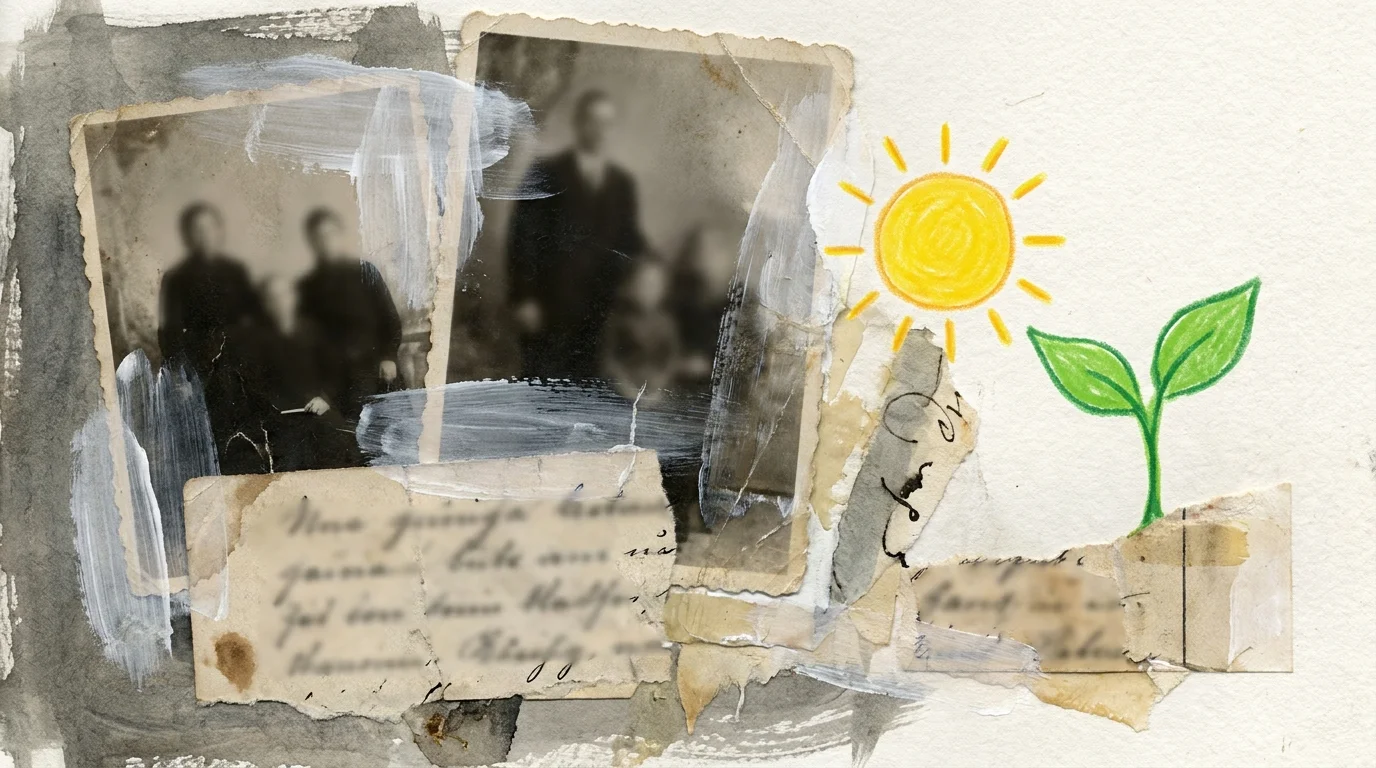 A collage showing faded vintage photos and ink-washed letters with a new green sprout growing over them.