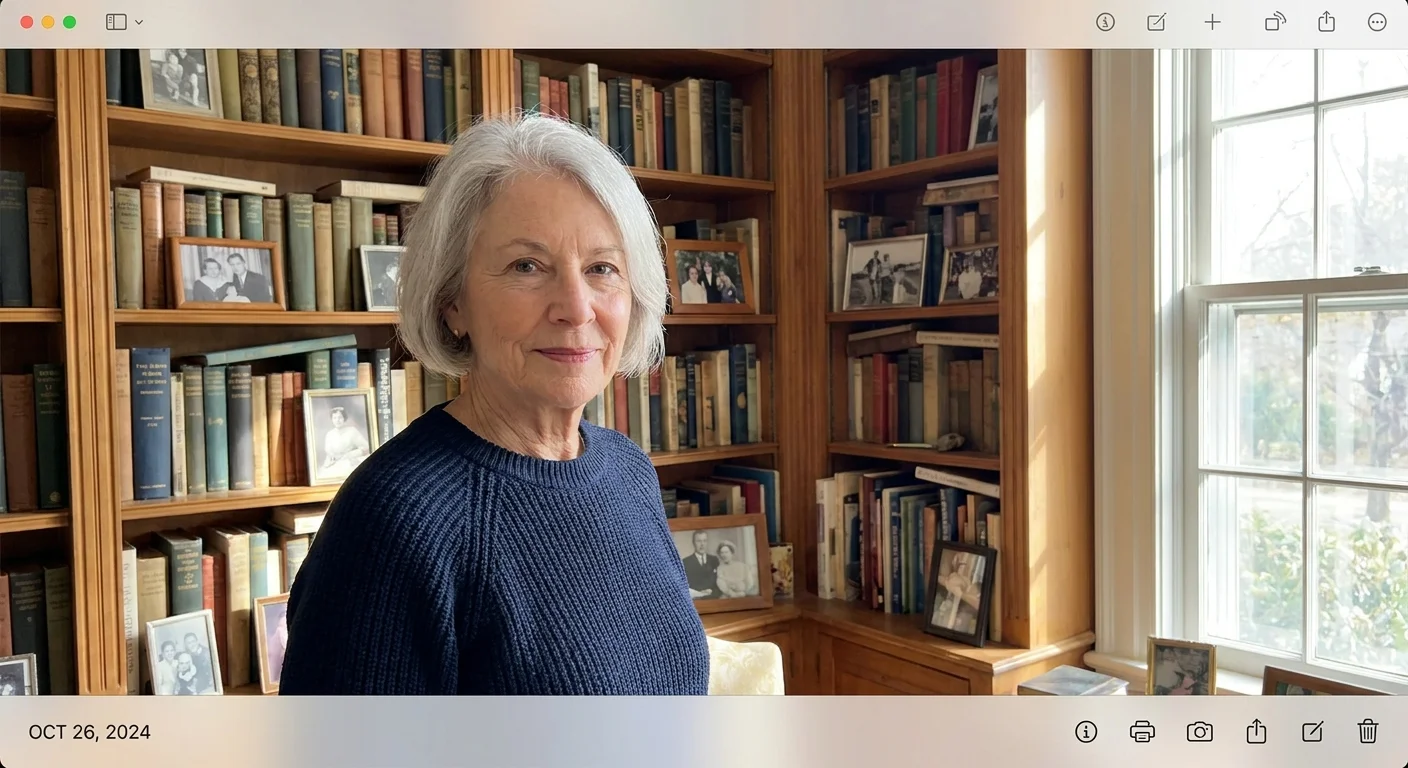 A confident woman in her 70s smiling peacefully in her home library.