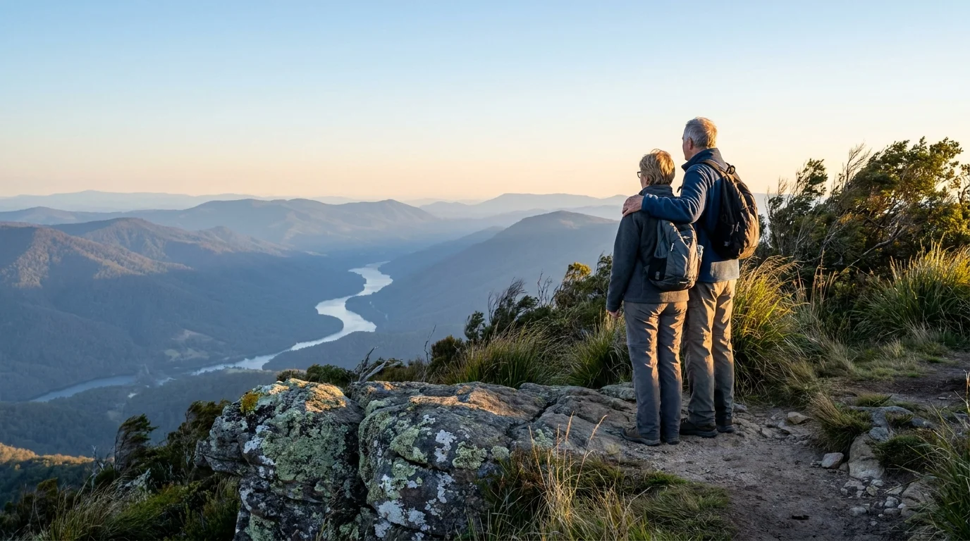 A couple standing together at a mountain overlook, looking out at the horizon.