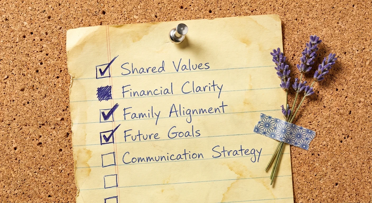 A hand-drawn checklist on a piece of yellow paper pinned to a corkboard, with several boxes checked off.