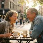A man and woman in their 60s laughing together over coffee at an outdoor cafe in the warm afternoon sun.