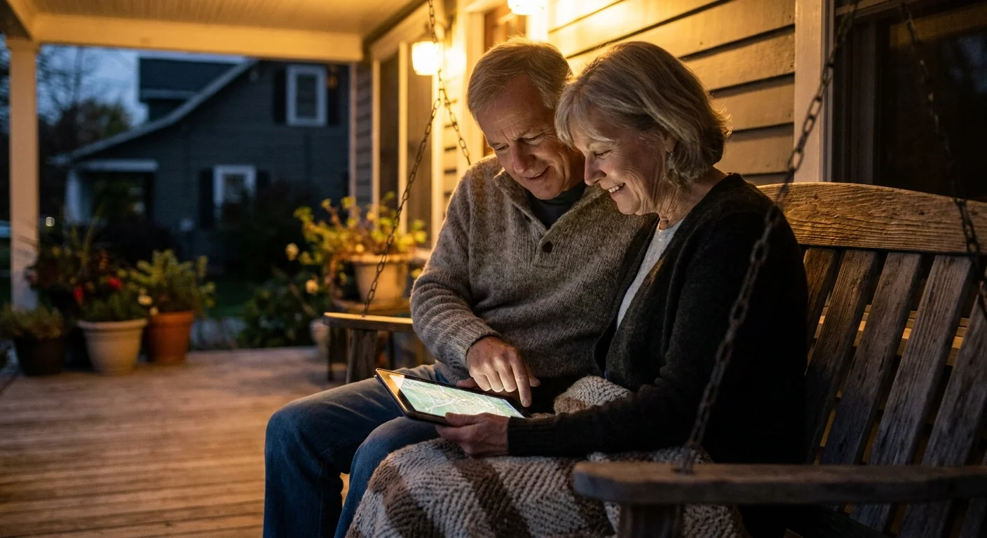 A man and woman sitting on a porch swing together, looking openly at a tablet screen.