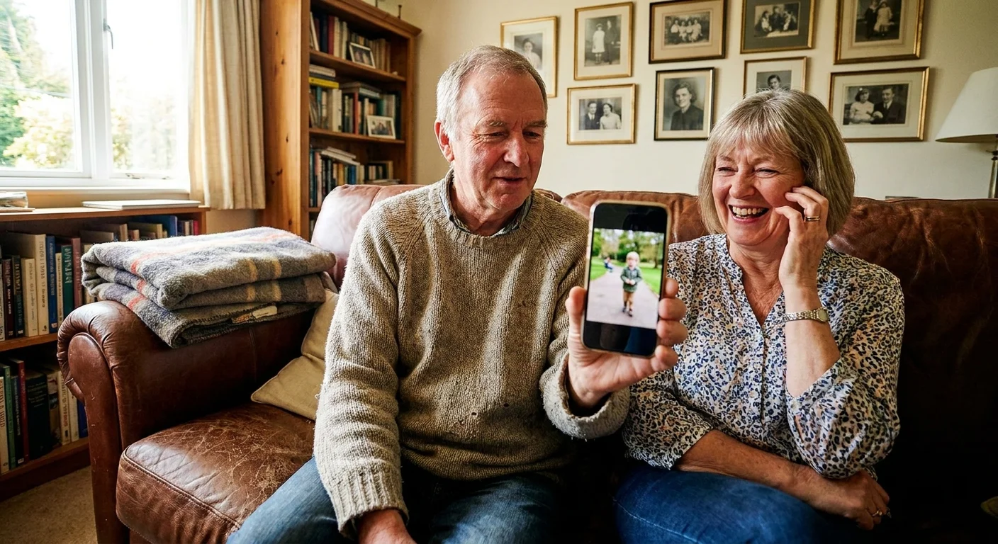 A man shows a photo of his grandchild on his phone to his partner in a cozy, sunlit living room.