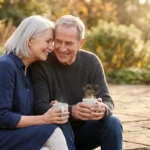 A mature couple in their 60s shares a warm, intimate conversation over tea on a sunny patio at sunset.