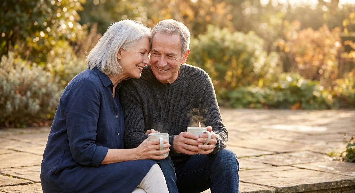 A mature couple in their 60s shares a warm, intimate conversation over tea on a sunny patio at sunset.