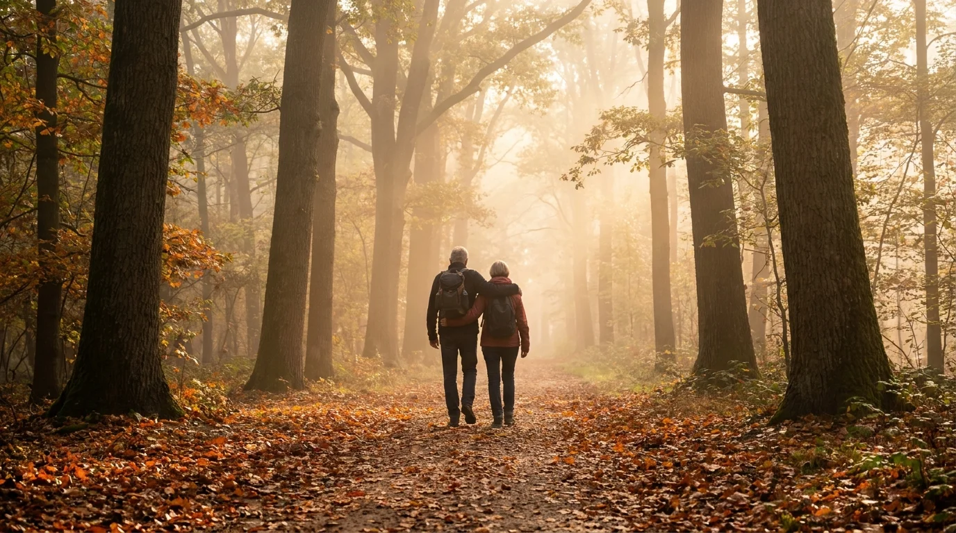 A mature couple walks together down a beautiful, sun-dappled forest path into the light.