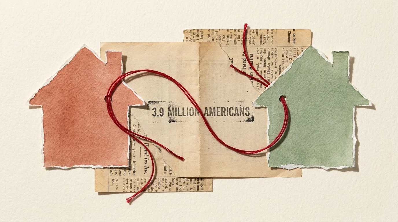 A mixed media collage showing two separate houses connected by a red thread, representing living apart together.