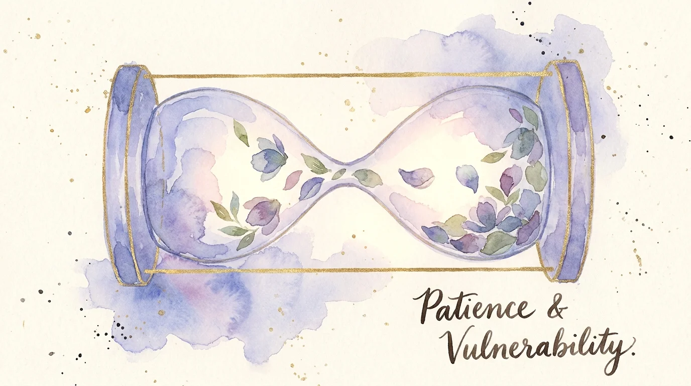 A mixed-media illustration of an hourglass filled with flower petals, symbolizing the patience required in finding love.
