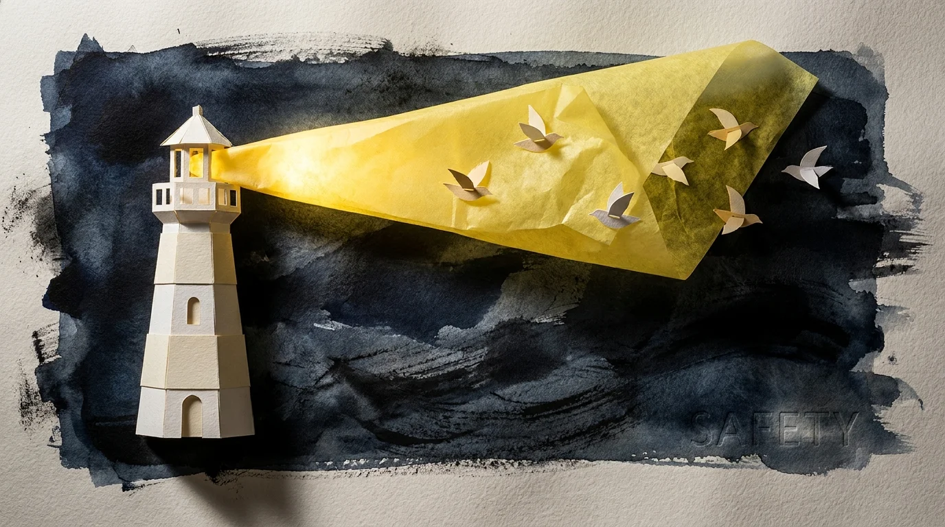 A paper-craft lighthouse casting a bright yellow beam of light across a dark navy background.