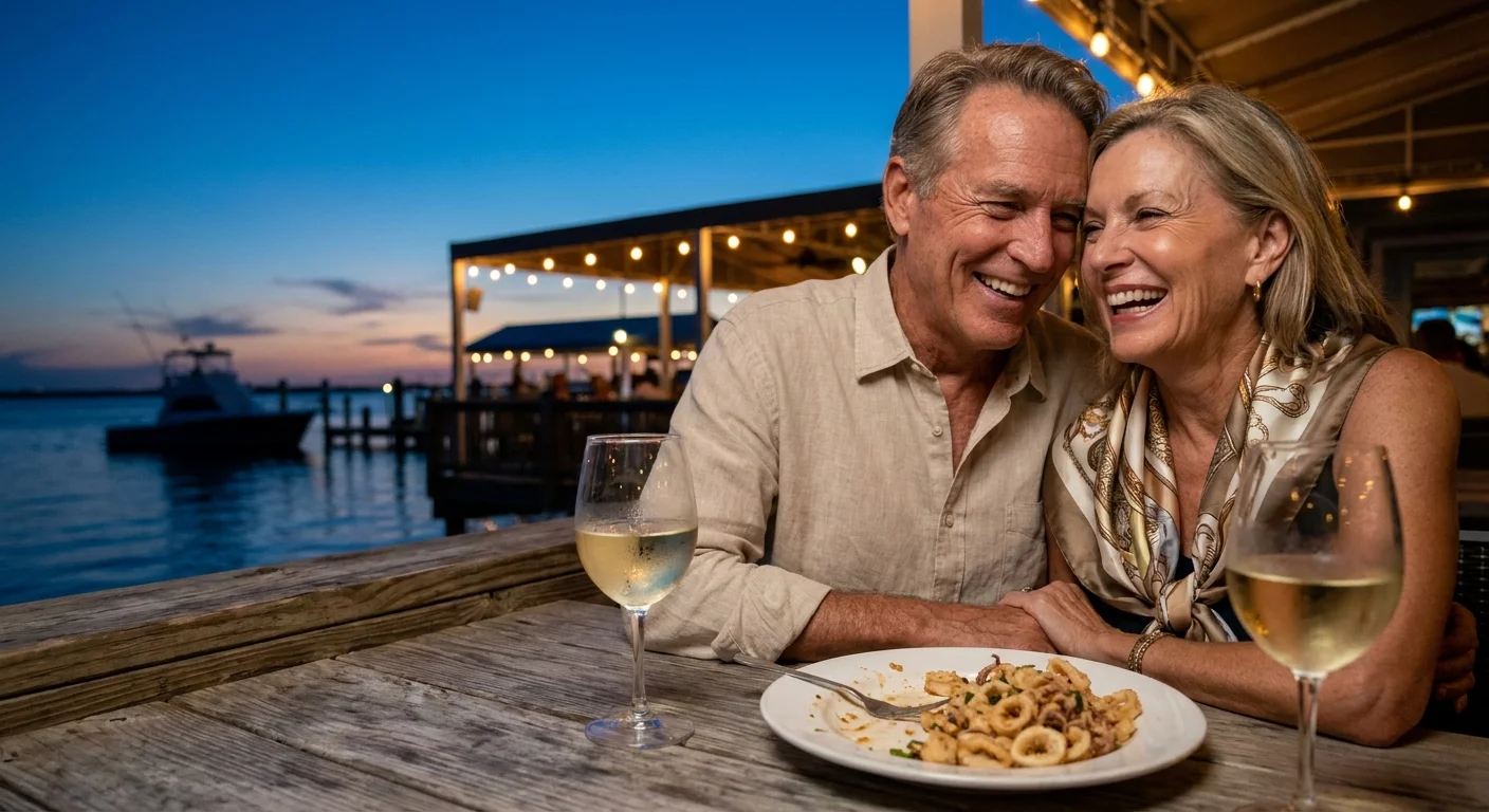 A senior couple laughs together at a waterfront dinner in Sarasota during a sunset date.