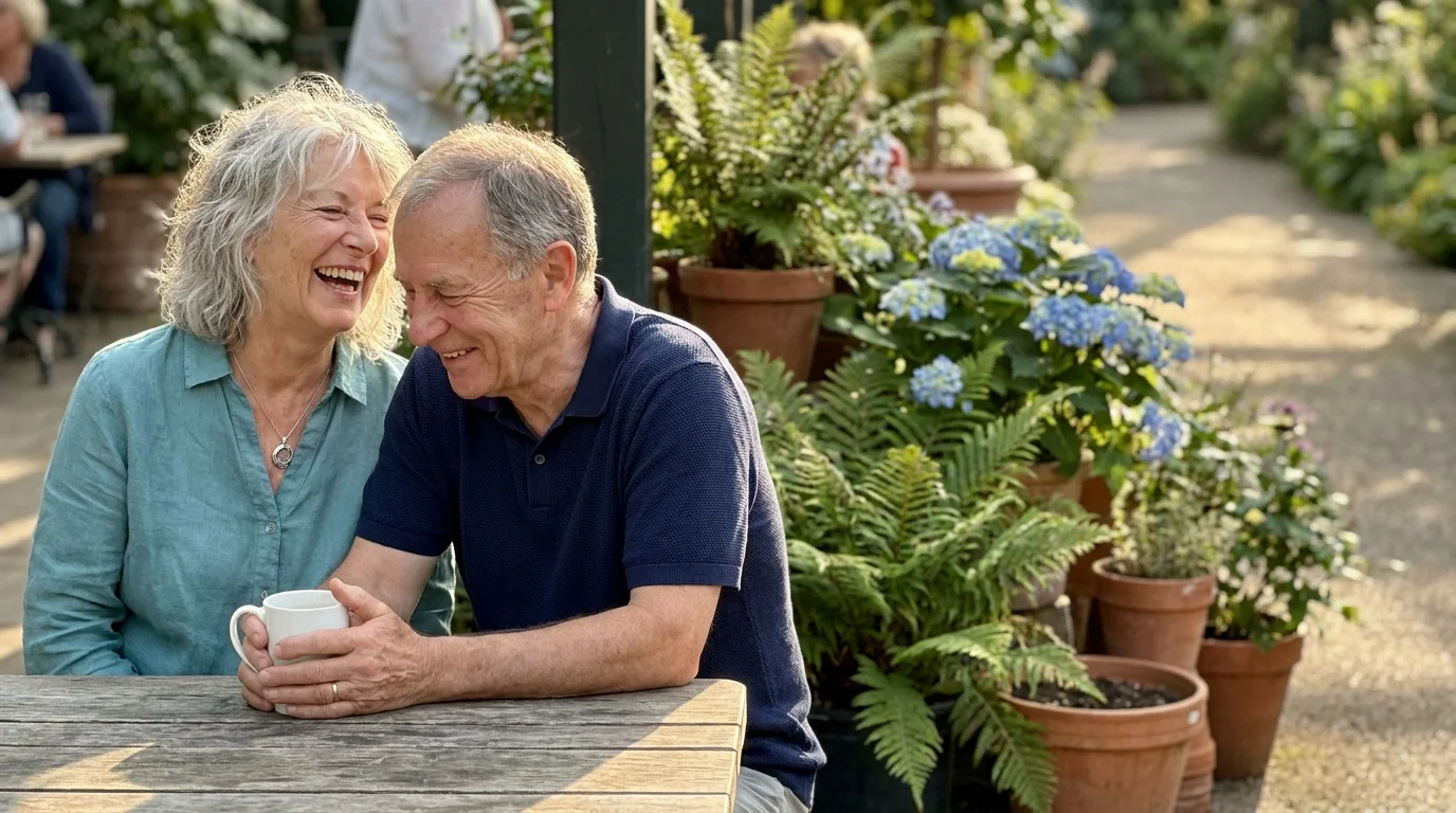 A senior man and woman in their 70s laughing together over coffee at an outdoor garden cafe during a sunny afternoon.