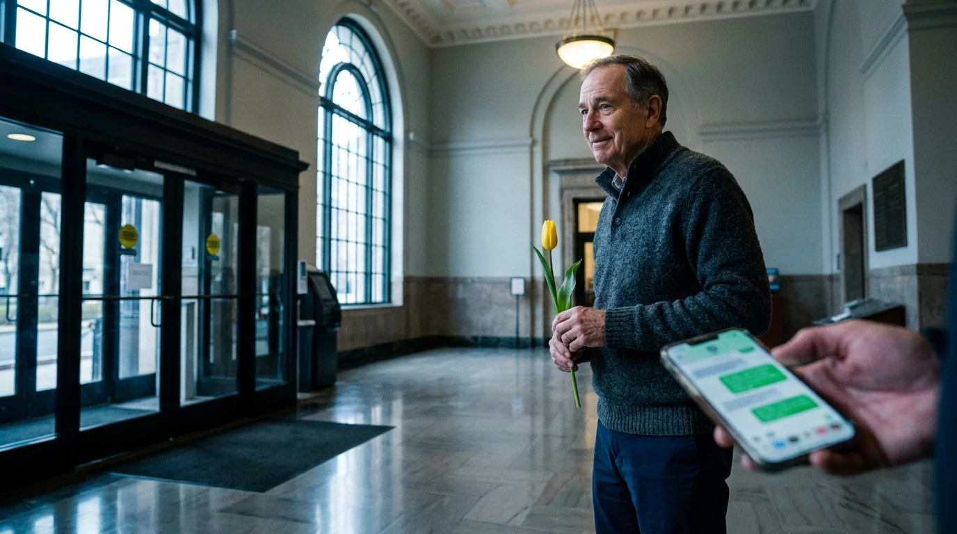 A senior man holding a flower and checking his phone while waiting for a date in a sunlit public building.