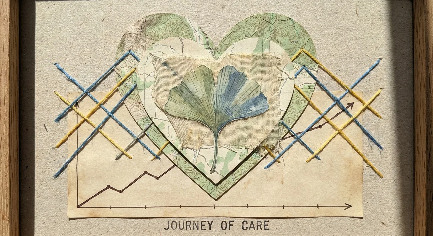 A symbolic collage of a map-textured heart, a ginkgo leaf, and stitched threads representing health and caregiving.