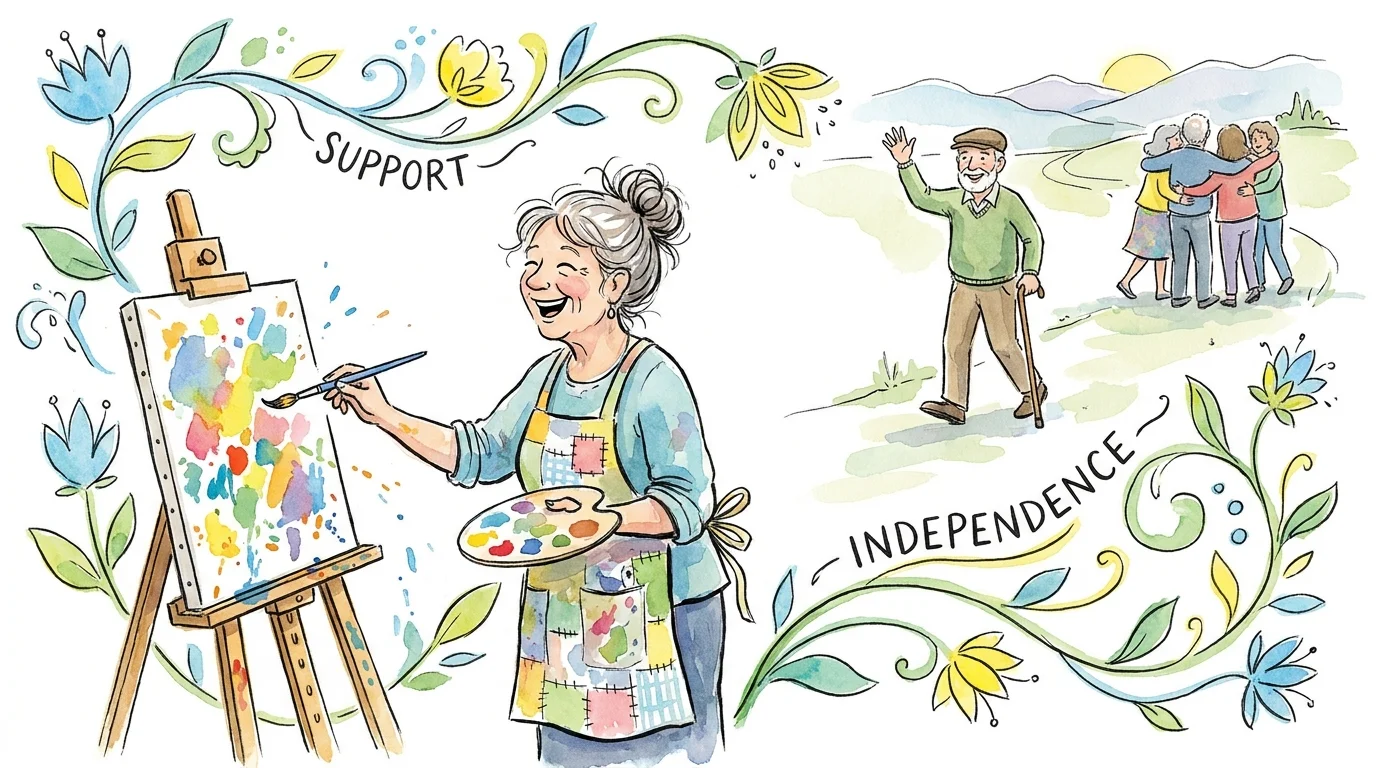 A watercolor drawing of a couple supporting each other's separate hobbies and social lives.