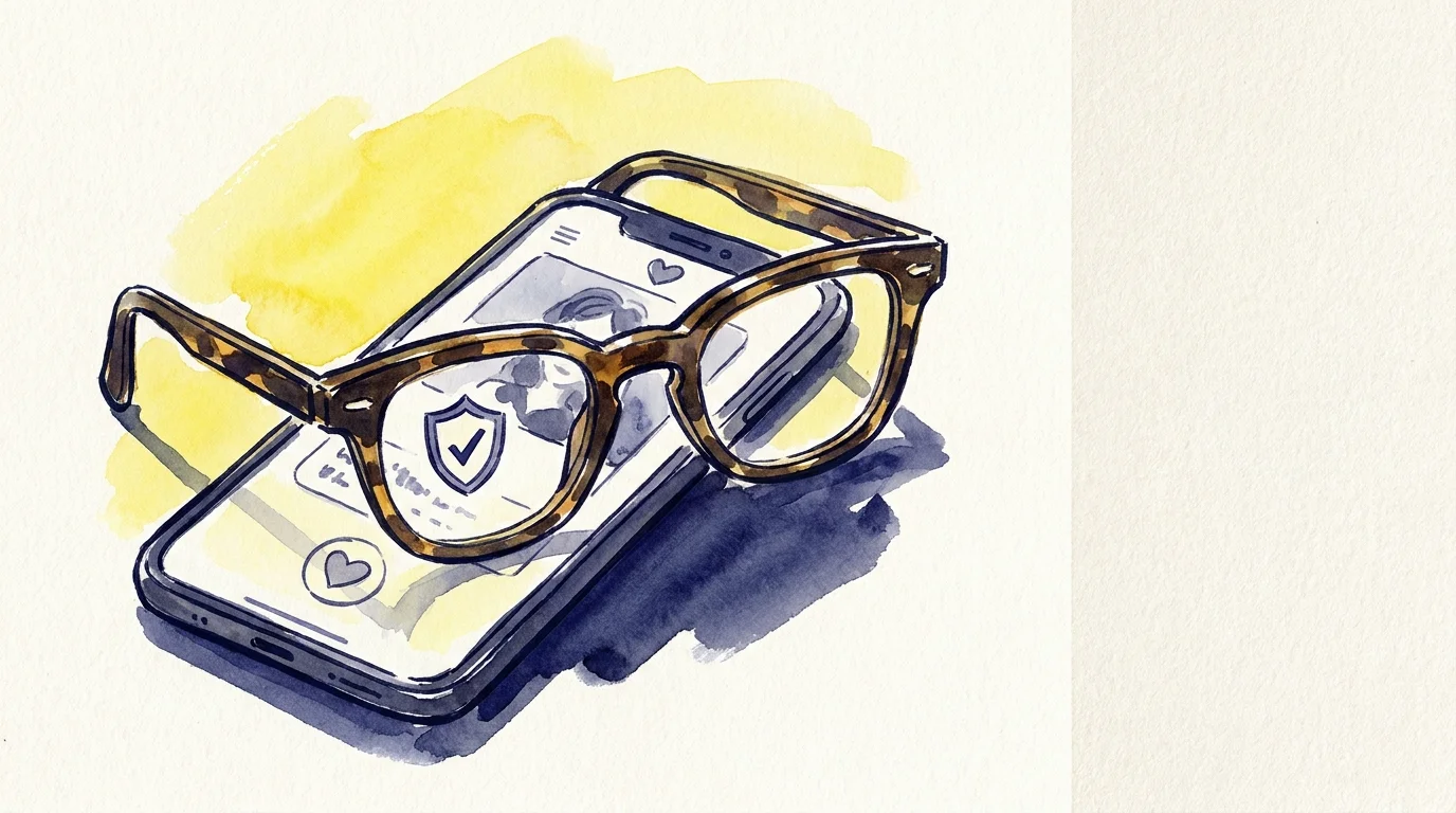 A watercolor illustration of reading glasses magnifying a shield icon on a smartphone, symbolizing dating safety.