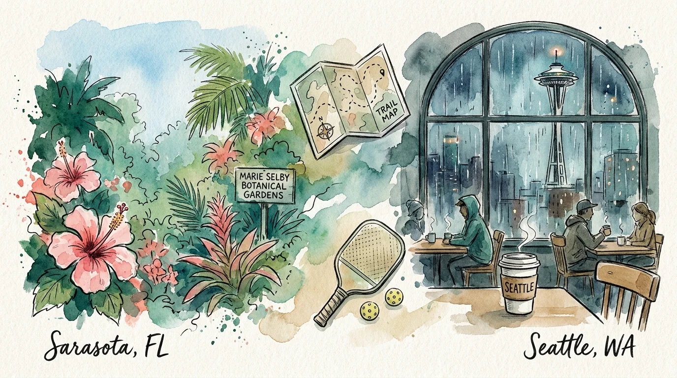 A watercolor montage featuring landmarks from Sarasota and Seattle, highlighting top cities for senior dating.
