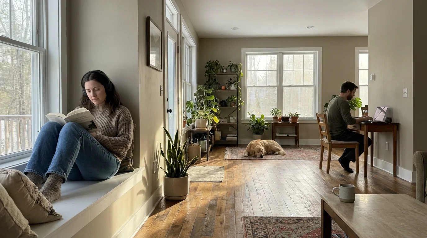 A woman reads in a window nook while her partner works in the background of a sunlit living room.