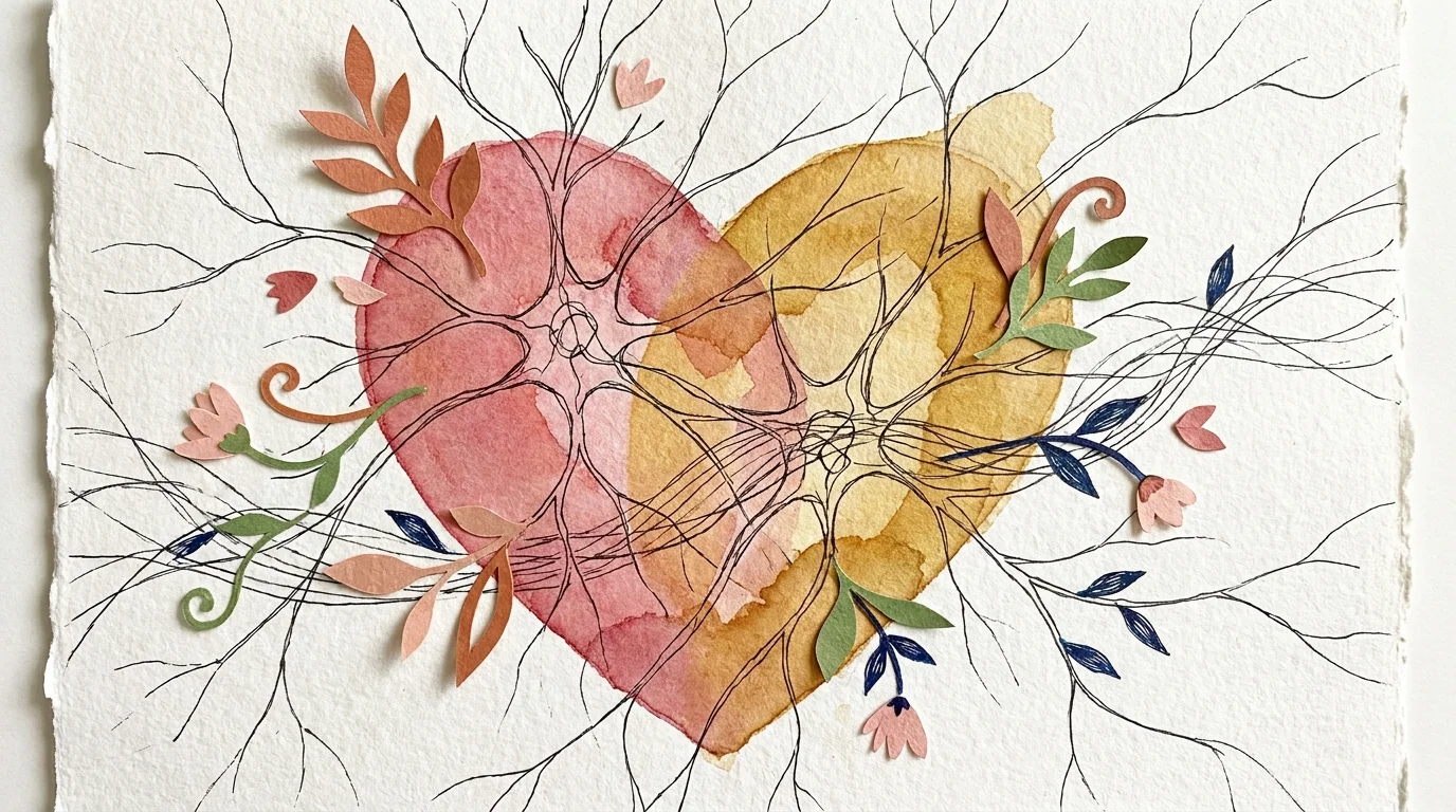An abstract mixed-media artwork showing a heart made of watercolor and interconnected lines, symbolizing the health benefits of social bonds
