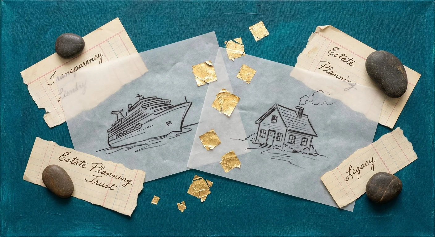 An artistic collage of ledger paper, gold leaf, and travel icons representing financial planning and transparency.