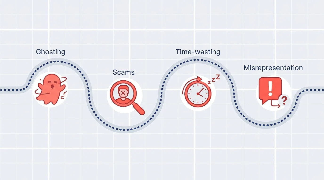 An infographic showing a path with icons for ghosting and scams, representing the common challenges of online dating.