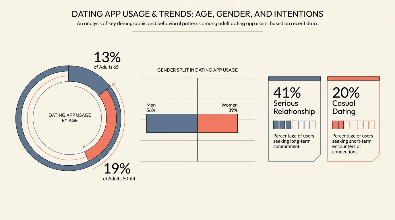 An infographic showing that 13 percent of seniors use dating apps and 41 percent are looking for serious relationships.