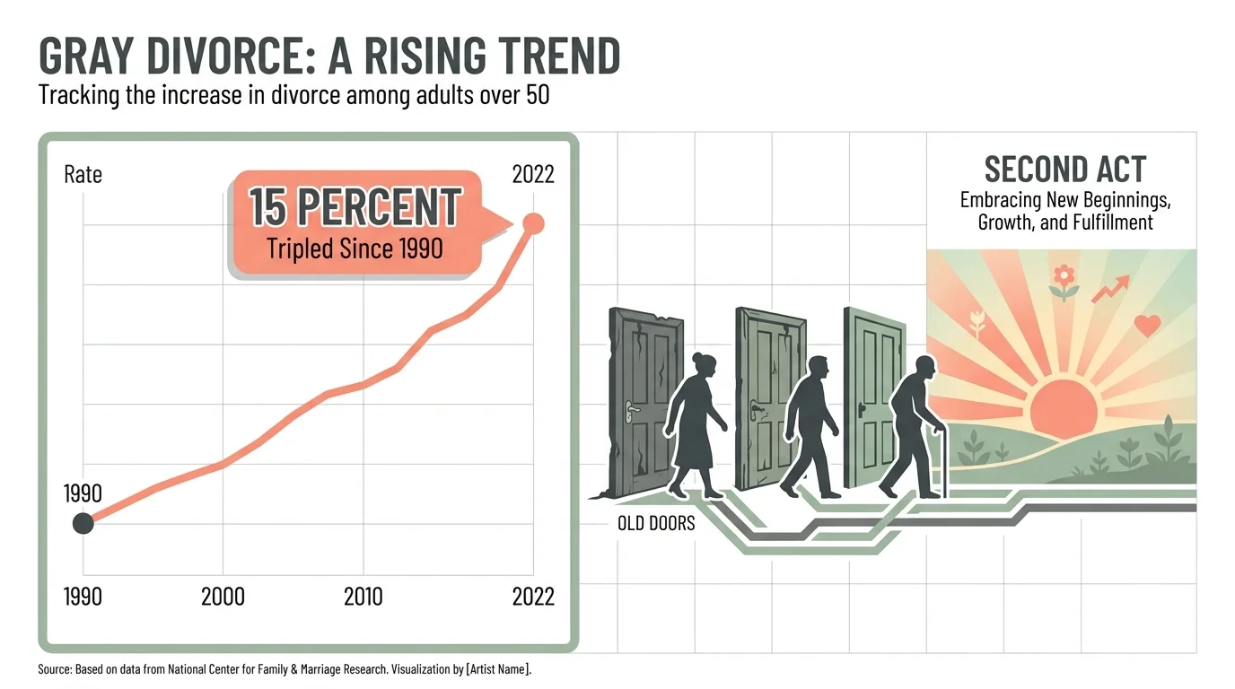 An infographic showing the gray divorce rate tripling between 1990 and 2022, reaching 15 percent.