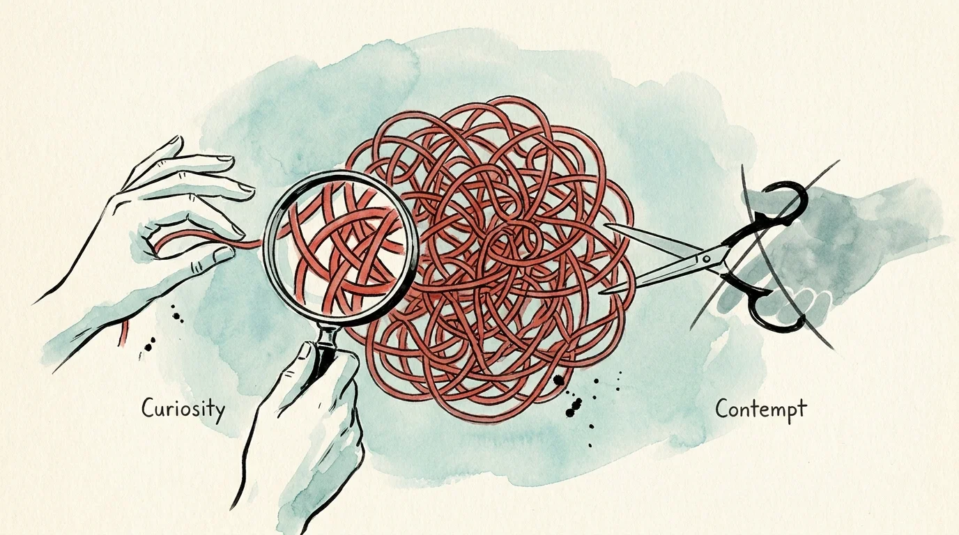 An ink drawing of a magnifying glass examining a knot of string, symbolizing curiosity as an alternative to conflict.