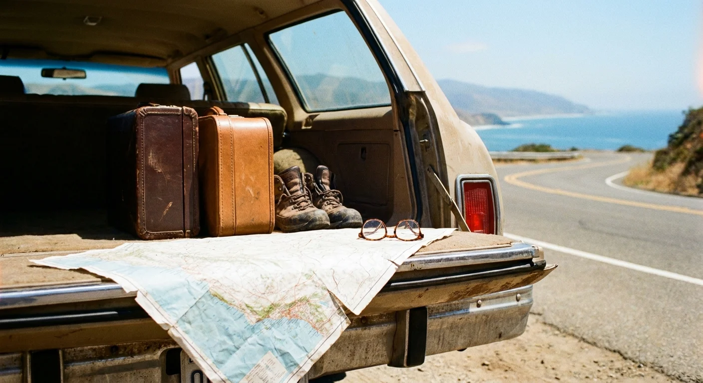 The open trunk of a car packed with vintage suitcases and a map, overlooking a coastal road.