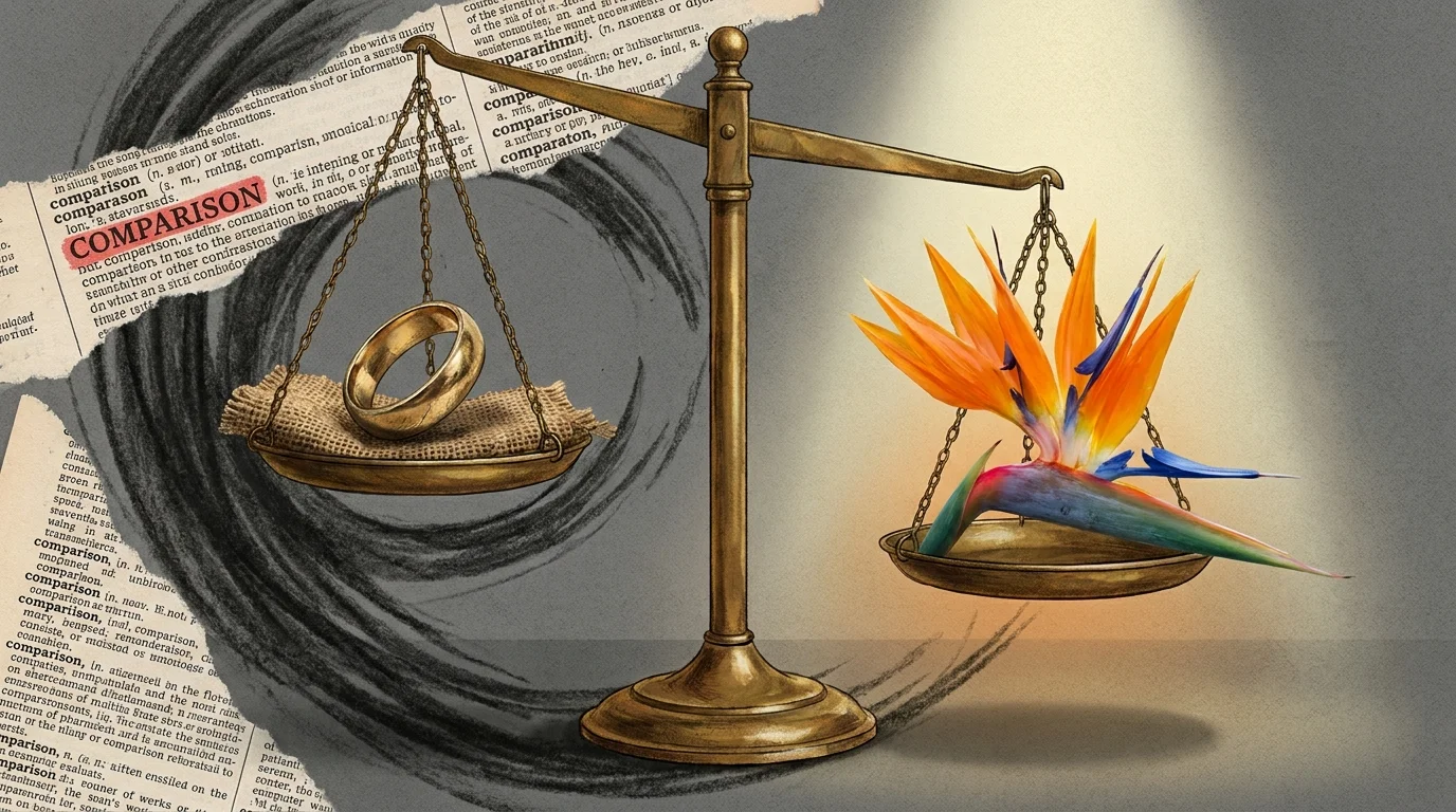 A balance scale with a wedding ring on one side and a bright flower on the other, symbolizing the act of comparison.