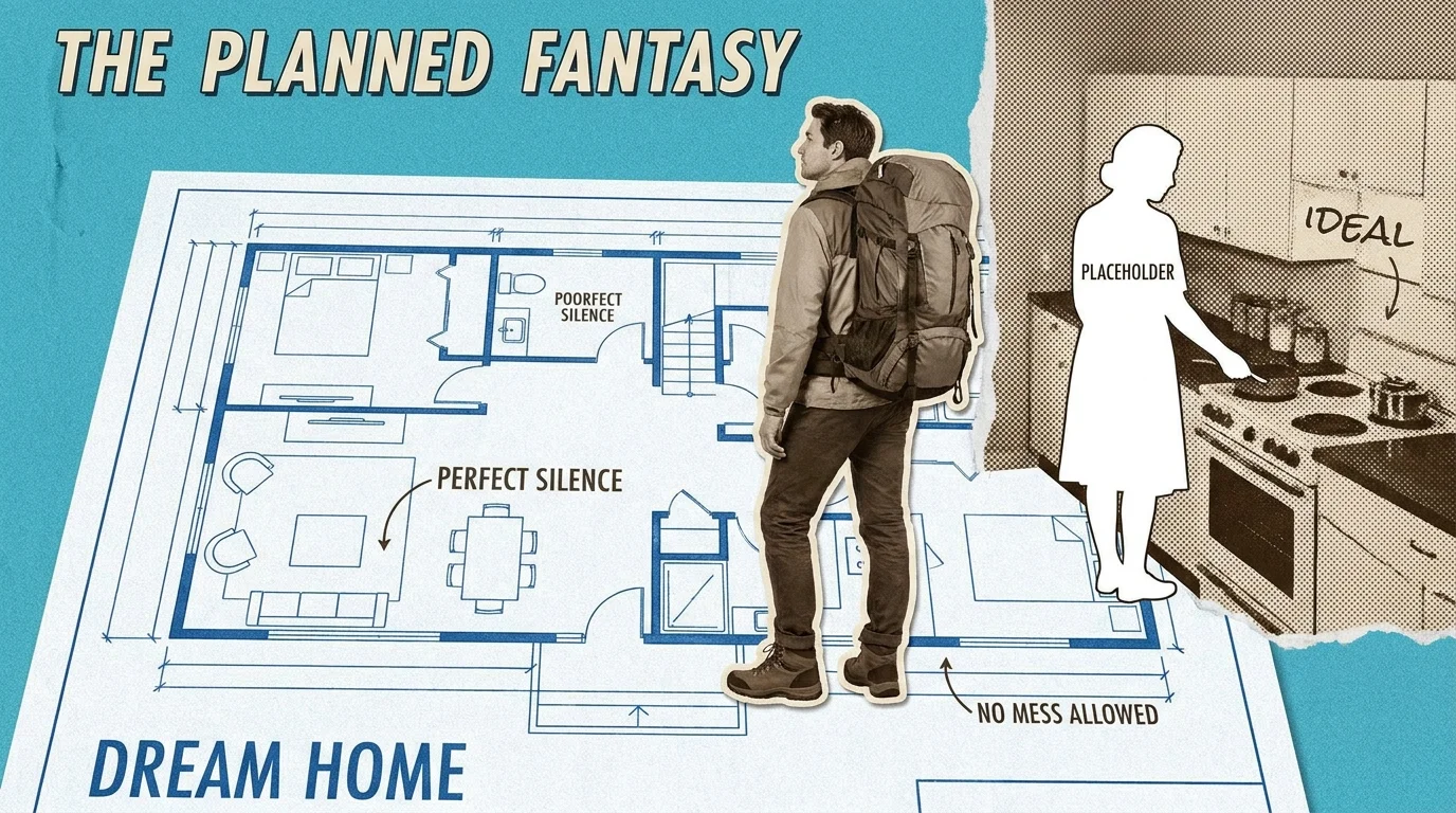 A blueprint of a future home where one partner is a realistic cutout and the other is a blank, characterless silhouette.
