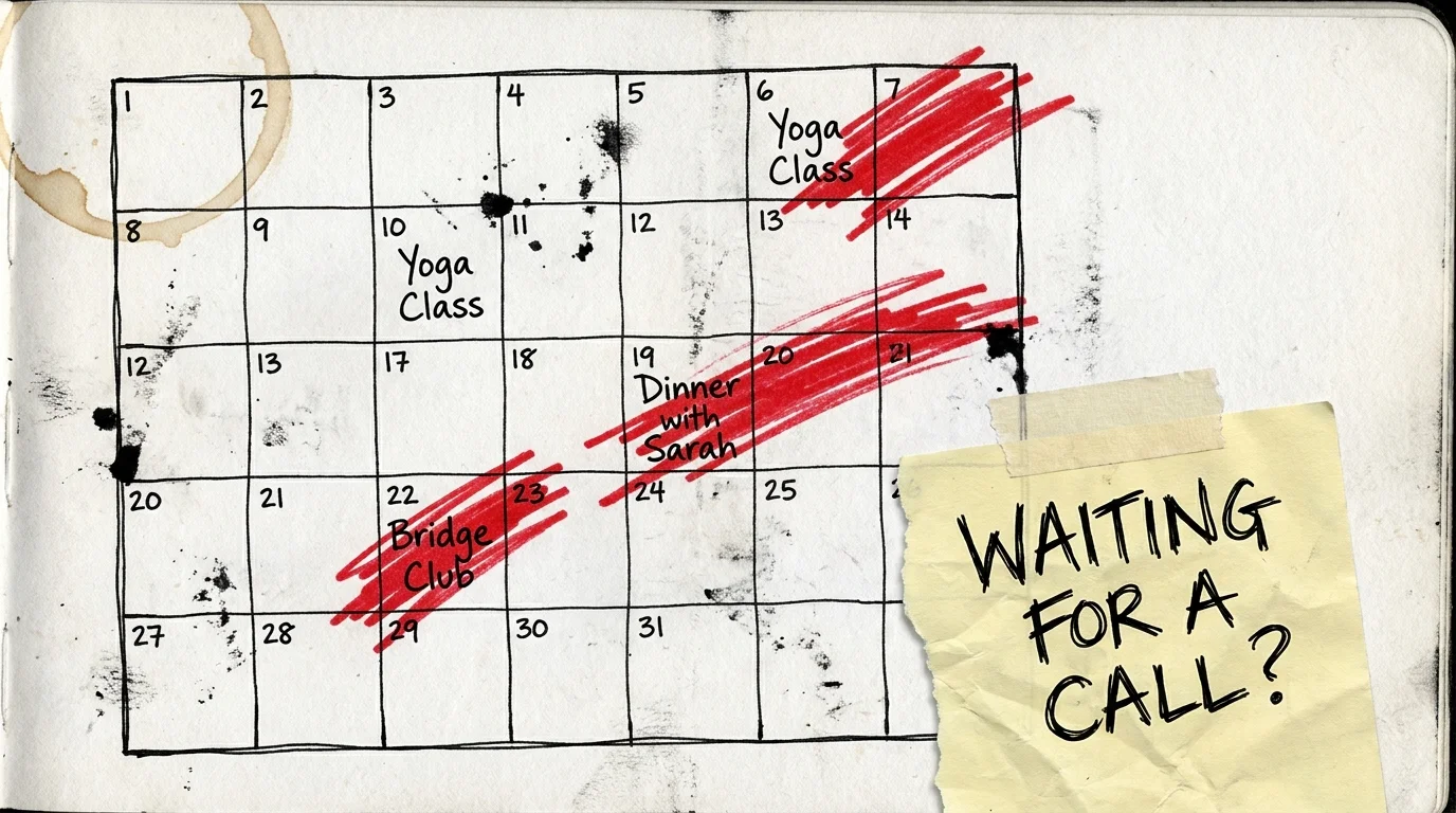 A calendar showing several personal hobbies and social events crossed out in red, representing the mistake of canceling plans for a date.