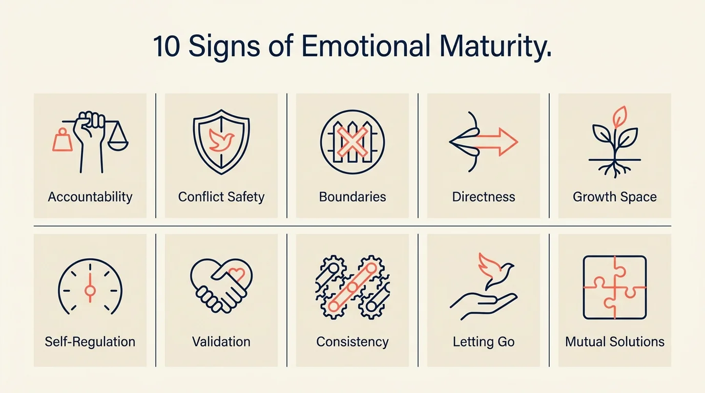 A clean, grid-based infographic listing the ten signs of emotional maturity with simple icons.