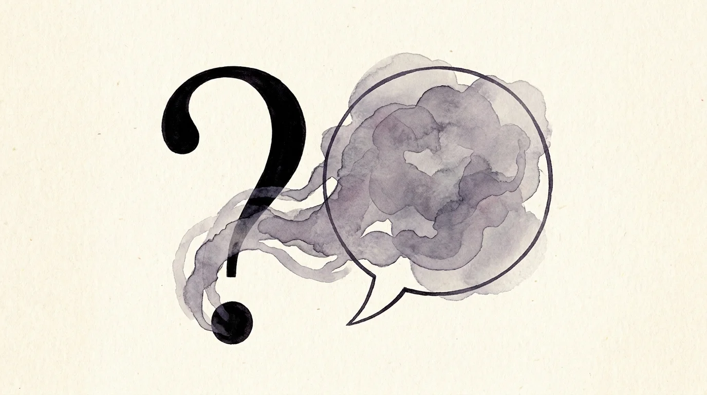 A clear black question mark facing a speech bubble filled with a thick, swirling purple and grey fog.