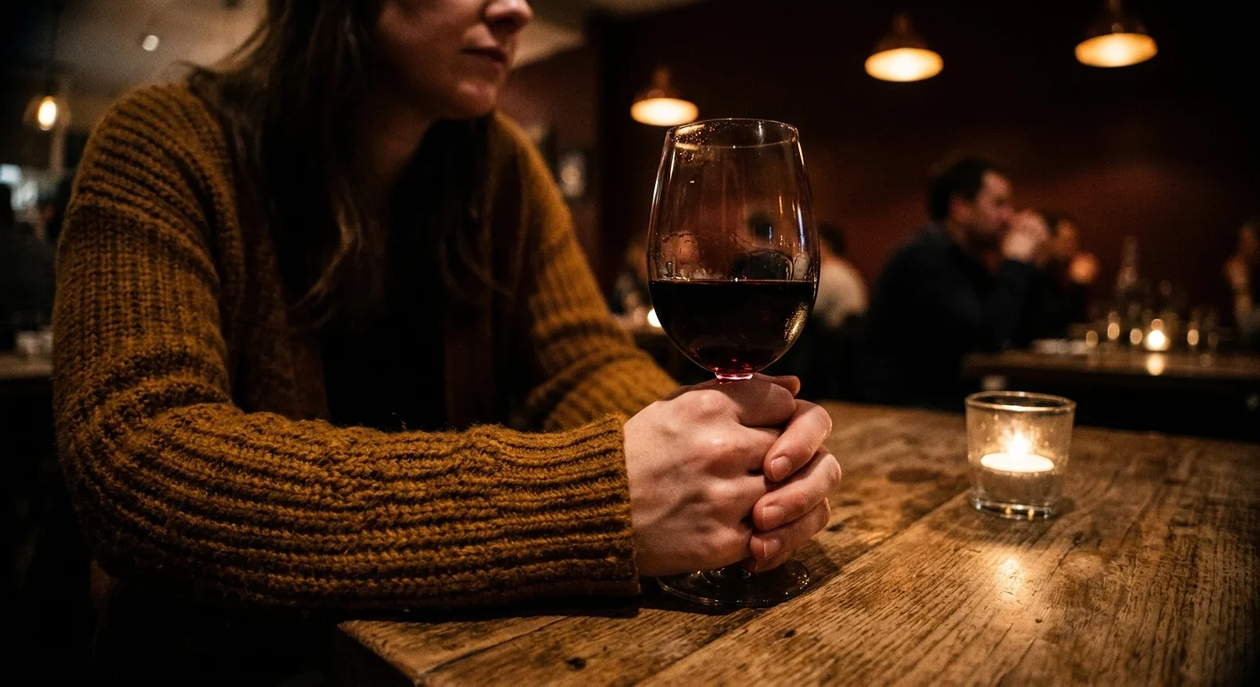 A close-up of a woman's hands tightly gripping a wine glass at a restaurant, showing defensive body language.