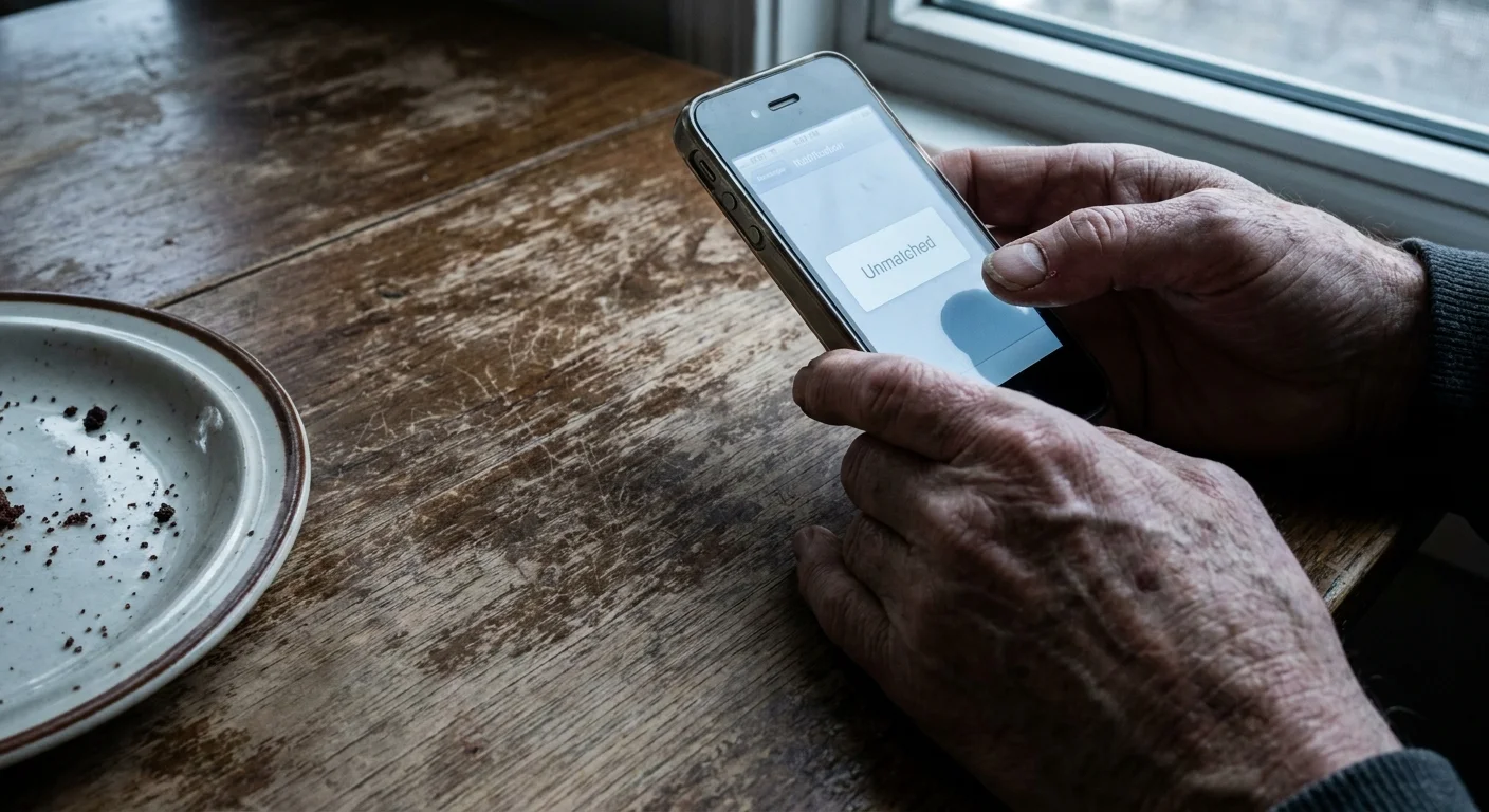 A close-up of an older person's hands holding a phone that shows an 'Unmatched' notification.