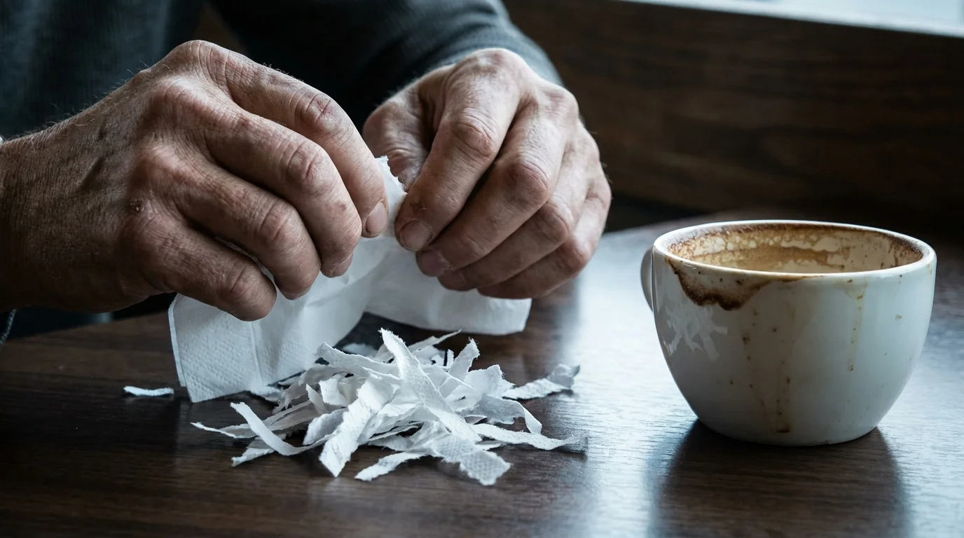 A close-up of nervous hands shredding a napkin on a coffee shop table, symbolizing the intensity of oversharing past traumas.