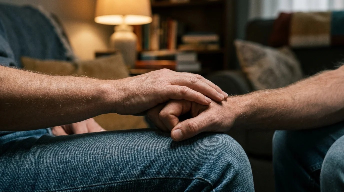 A close-up of one hand resting supportively on another, symbolizing validation and comfort during a difficult talk.