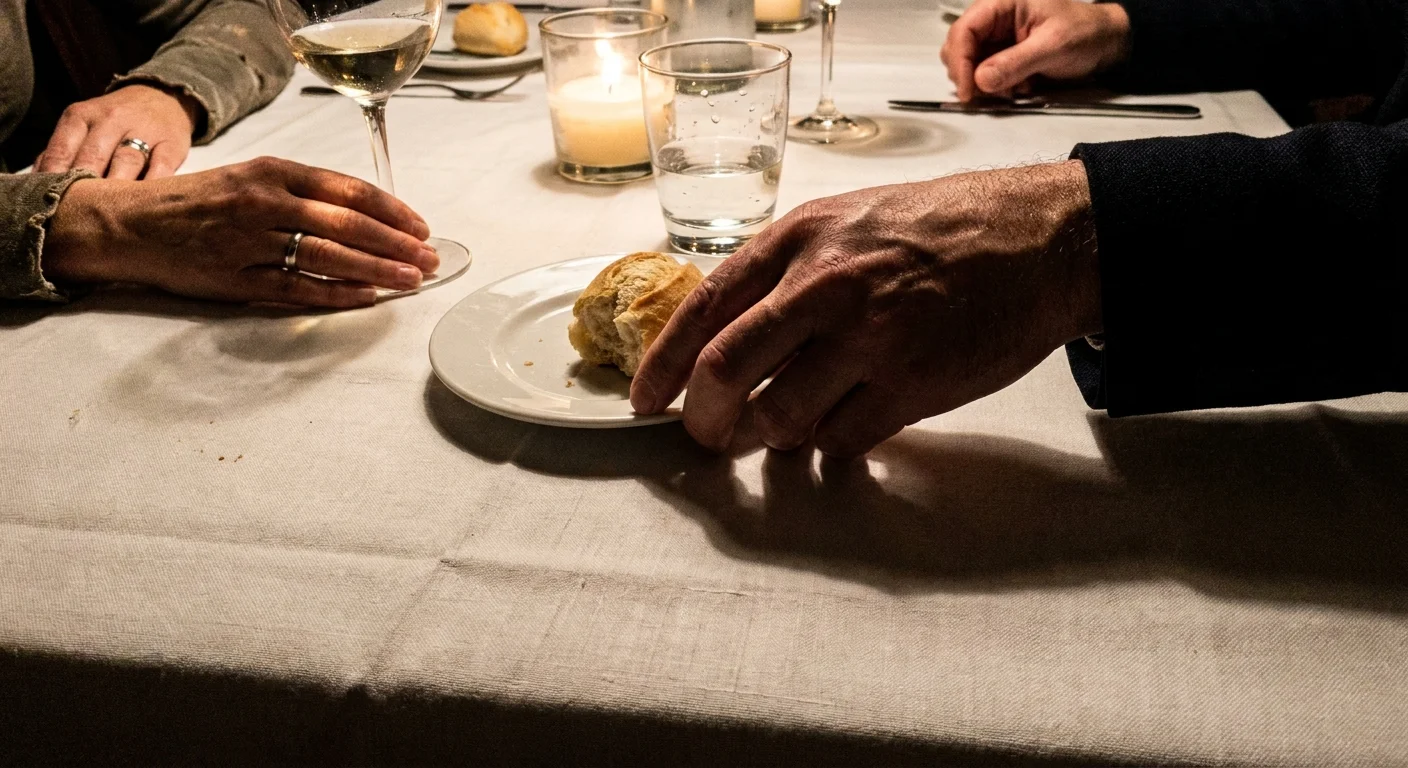 A close-up photo of one person's hand moving another's glass at a dinner table, symbolizing the violation of small boundaries.