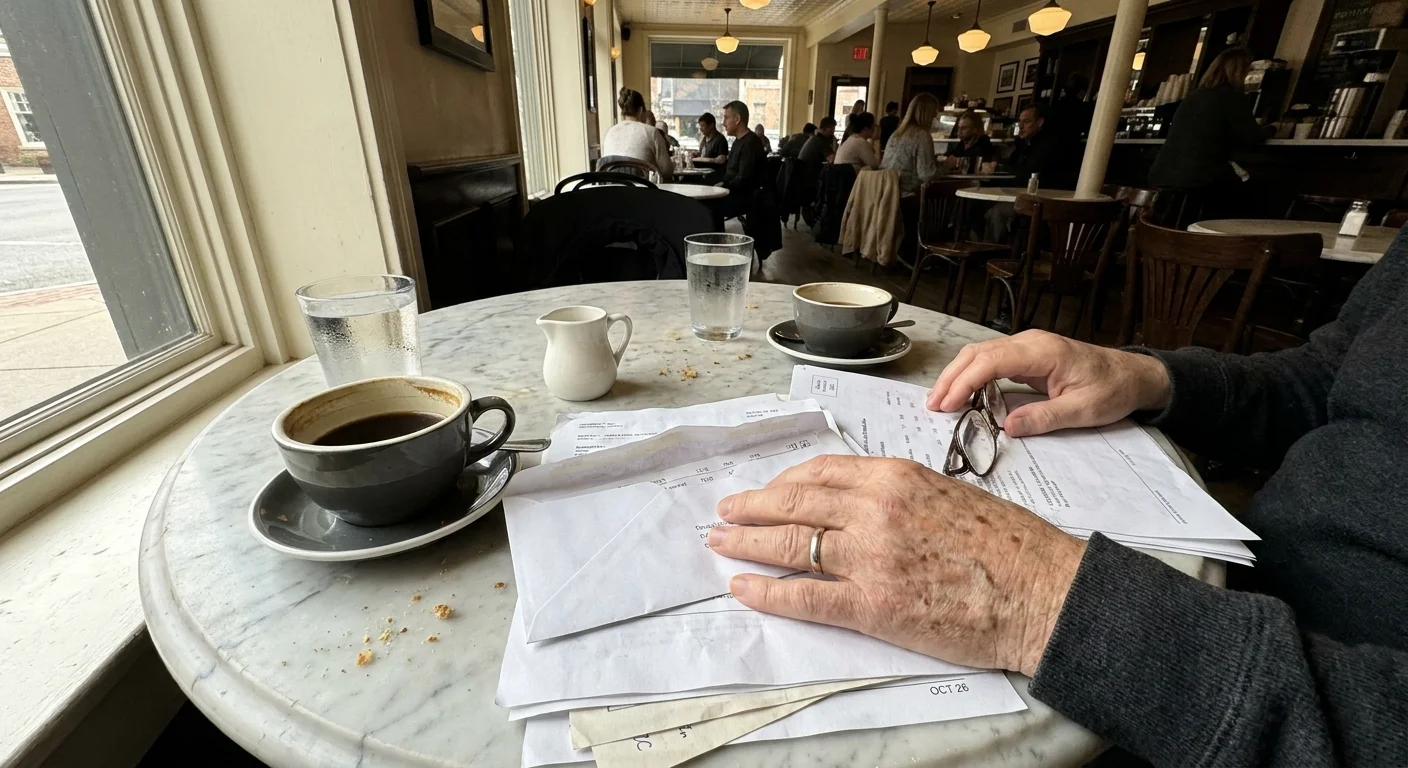 A close-up photo of two people's hands at a cafe table with coffee and papers, representing a candid talk about money or health.