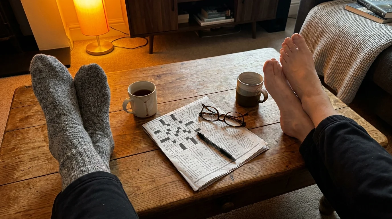 A close-up snapshot of a couple's feet on a coffee table next to a crossword puzzle, capturing a moment of quiet, everyday intimacy.