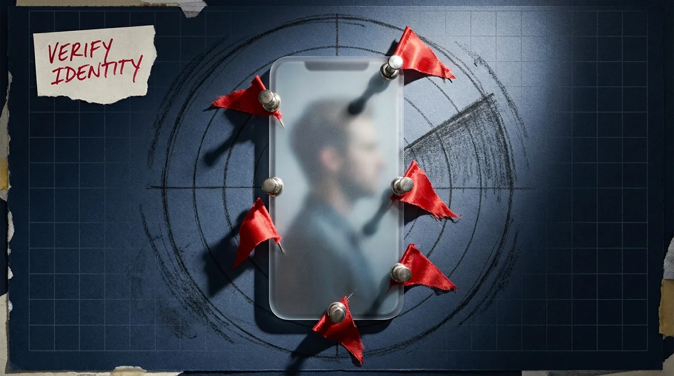 A collage of a smartphone with red flags pinned to it and a hand-drawn radar circle around it.