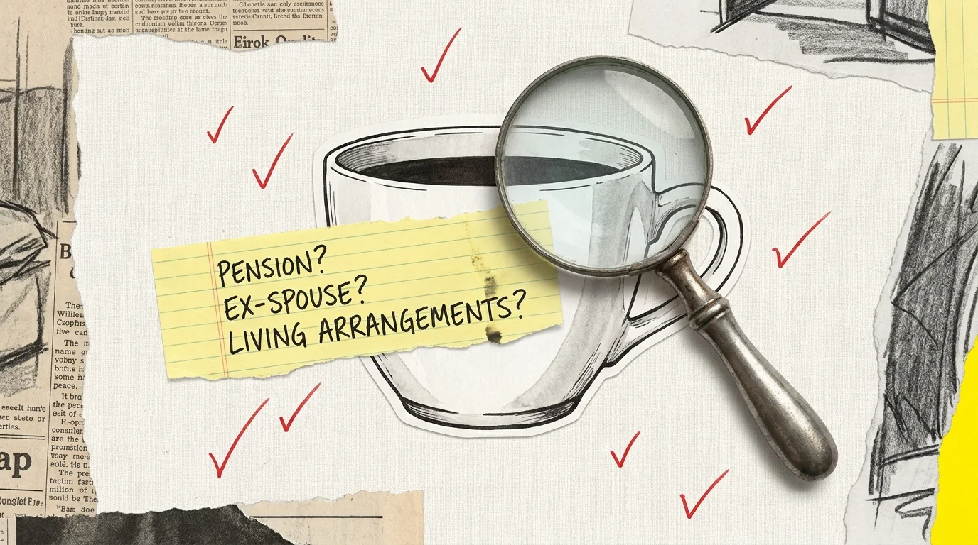 A collage showing a coffee cup under a magnifying glass with notes about pensions and ex-spouses.